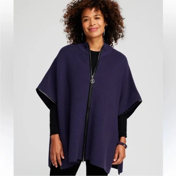 Chico's Navy Knit Open-Front Poncho with Black Trim - Picture 7 of 8